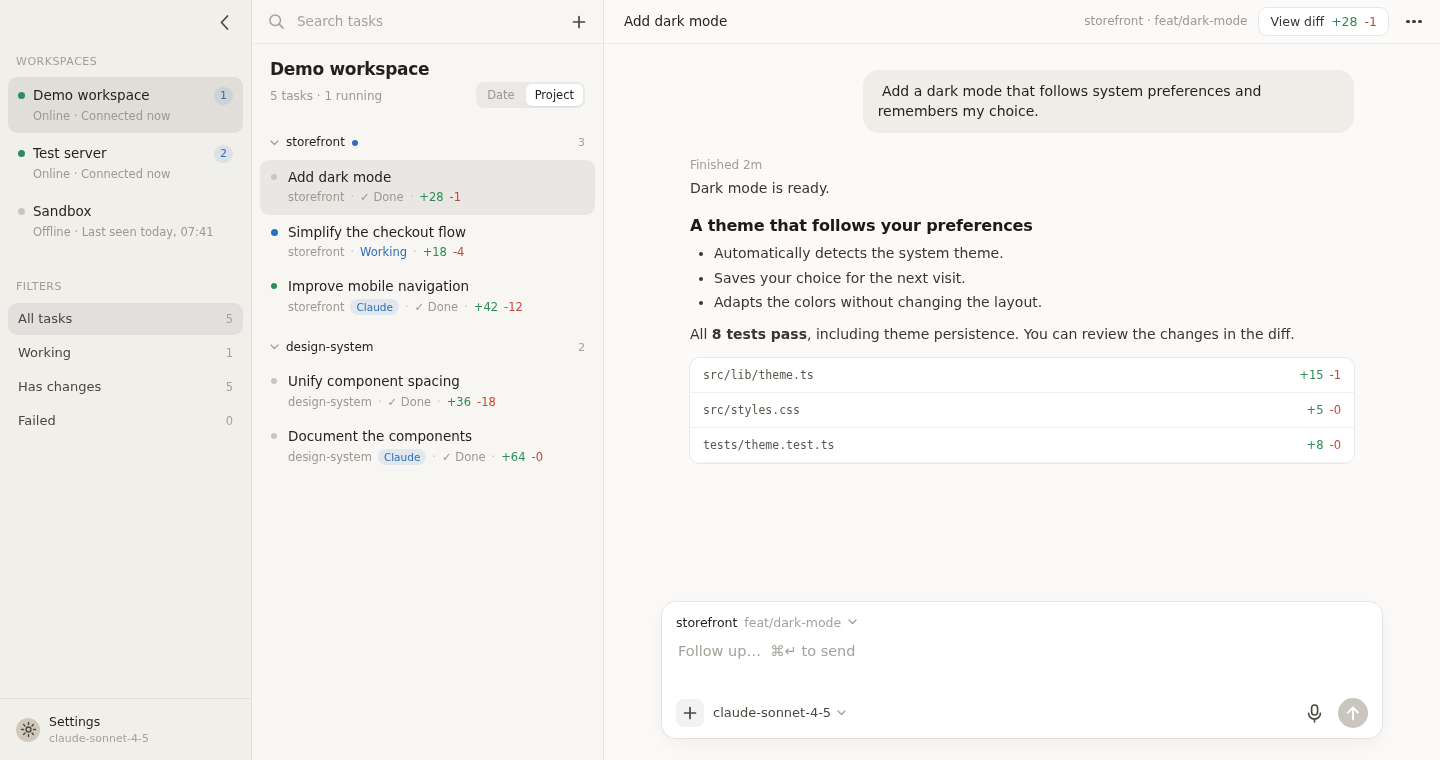 Sovereign: a conversation with pi about dark mode, changed files, tasks by project, and connected machines. Real PWA screenshot with fictional data.