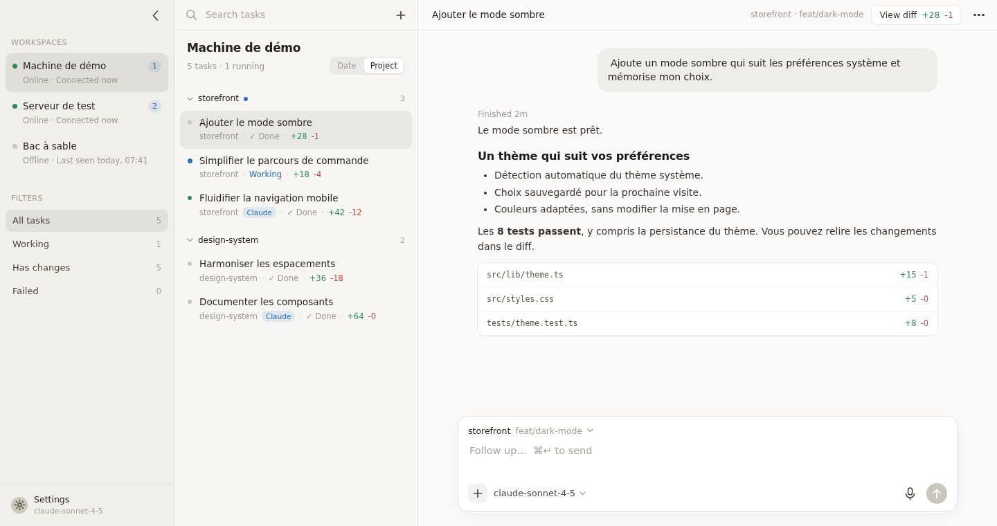 Sovereign : conversation avec pi sur le mode sombre, fichiers modifiés, tâches par projet et machines connectées. Capture de la PWA avec des données fictives.